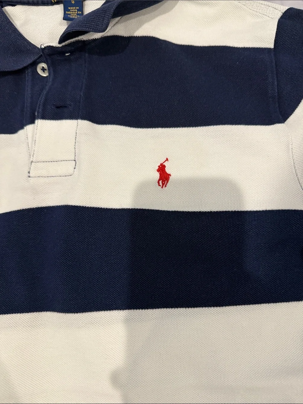Ralph Lauren Boys Navy & White Striped Polo with Red Pony